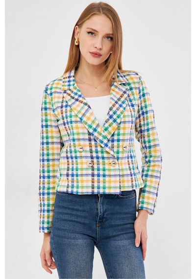 Armonika Kadın Mavi-sarı Kruvaze Yaka Tüvit Crop Ceket Arm-24k001014