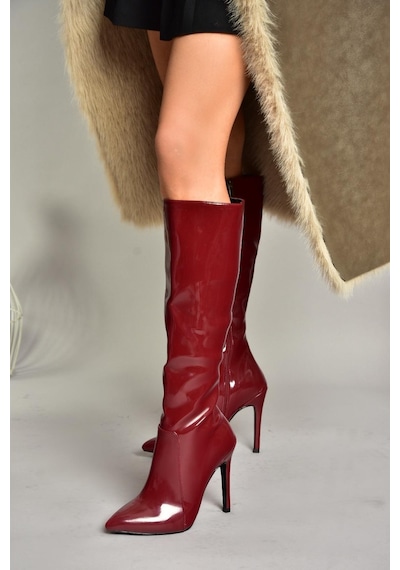 Fox Shoes N372530108 Bordo Rugan İnce Topuklu Sivri Burun Kadın Çizme Bordo-rugan Bordo