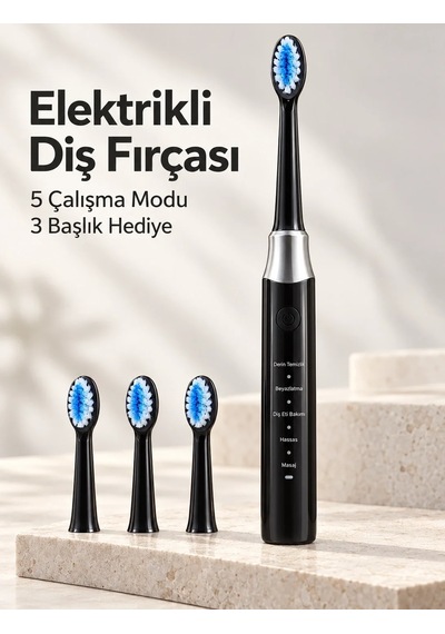 Ers- Hassas Ve Masaj Modlu Siyah Elektrikli Diş Fırçası Usb Şarjlı 3 Başlık Hediyeli