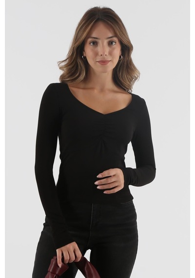 Seeh Siyah Önü Büzgülü Uzun Kollu Kadın Body Sh200