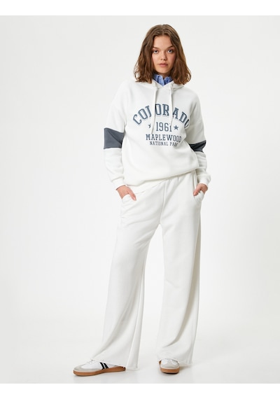 Koton Oversize Kolej Baskılı Sweatshirt Kapüşonlu Renk Bloklu Ekru 5wal10016ık Ekru