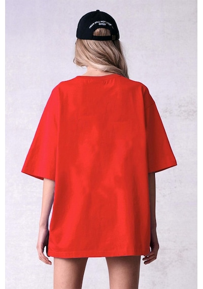 Uyguntarz Pamuklu New York Baskılı Oversize T-shirt Kırmızı