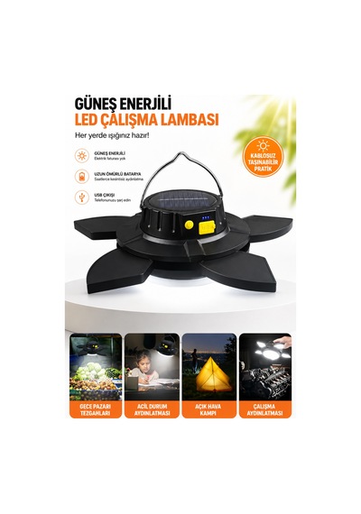 Güneş Enerjili Katlanabilir Led Kamp Lambası- 4000 Mah Powerbank Özellikli Siyah