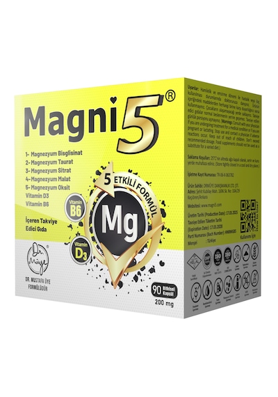 Magni5 Magnezyum 5 Etkili Form 3 Aylık 90 Kapsül B6 D3 Vitamini Bisglisinat Malat Taurat Sitrat Oksit
