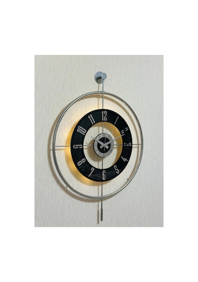 Pey Aksesuar Metal Camlı Duvar Saati Krom Toz Boya 60x80cm Büyük Boy Işıklı Gerçek Cam Duvar Saati Modern Tasarım M61-kromgrı-şeffaf-siyah-gümüş