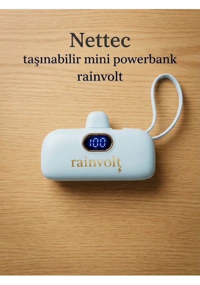Rainvolt Mini Kapsül Powerbank Led Dijital Göstergeli & Dahili Kablolu Taşınabilir Şarj Cihazı Yeşil