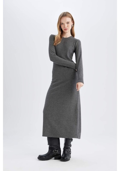 Defacto Bodycon Vücudu Saran Bisiklet Yaka Basic Düz Kaşkorse Uzun Kollu Maxi Elbise D3373AX24WNAR104 Antrasit