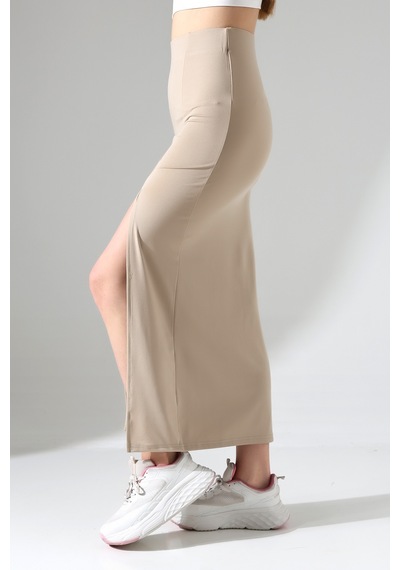 Winmoda34 Kadın Önden Derin Yırtmaçlı Dalgıç Etek Full Likralı Maxi Boy 92 Cm Bej