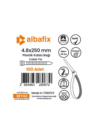 4.8x250 Mm Şeffaf Beyaz Plastik Kablo Bağı Klipsi Cırt Kelepçe 100 Adet