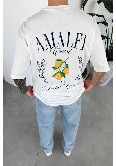 Beyaz Amalfi Baskılı Oversize Tişört
