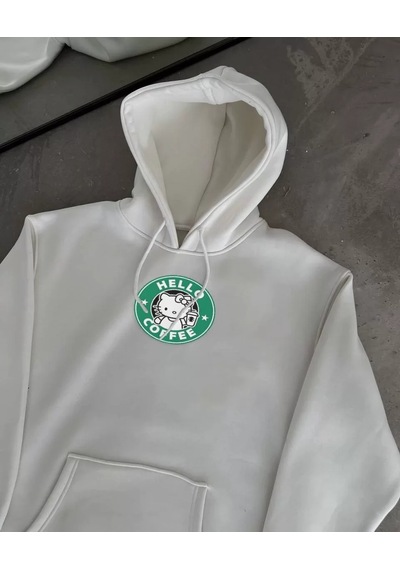 Üç İplik Penye Uzun Kol Kapşonlu Sweatshirt - Beyaz 001