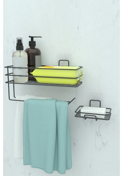 Zabata Yapışkanlı Banyo Rafı Kağıt Havlu Tutacağı Ve Metal Sabunluk Set Düzenleyici Siyah