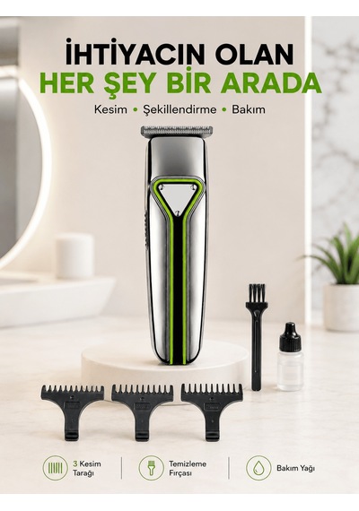 Profesyonel Saç Sakal Tıraş Makinesi T Bıçaklı Şarjlı Kablosuz 3 Taraklı Erkek Bakım Seti Diğer