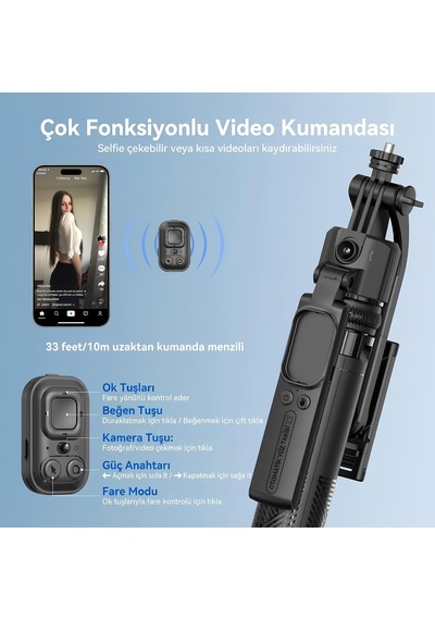 Profesyonel Tripod Ve Selfie Çubuğu, 360 Yapay Zeka Yüz Takibi, Aı Hareketle Komut, 1/4 Vidalı, Canlı Yayın, Vlog, Fotoğraf, Uzaktan Kumandalı,160cm C17