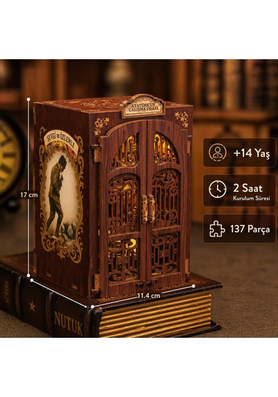 Atatürk Çalışma Odası Mini Kitap Evi Dıy Book Nook Kit, Led Işıklı Ahşap Minyatür Hobi Seti
