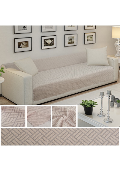Kaymaz Tabanlı Koltuk Örtüsü 175x215 Cm Altı Polarlı, Örme Kumaş, Çekyat Ve Kanepe Uyumlu Bej