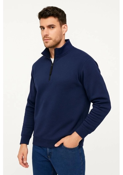 Butik İstanbul Erkek Dik Yaka Sweatshirt Dik Yaka Yarım Fermuarlı 3 İplik Şardonlu Pamuk Kumaş - Lacivert