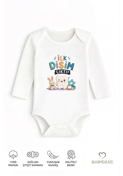 Babyden's Diş Buğdayı Body %100 Pamuk İlk Dişim Çıktı Baskılı Uzun Kollu Bebek Body Çıtçıtlı Unisex Yenidoğan Zıbın Beyaz