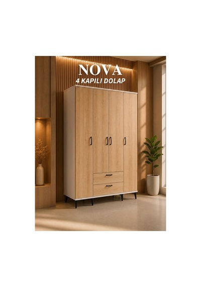 Nova 4 Kapılı 2 Çekmeceli Dolap, Gardrop Meşe - Beyaz