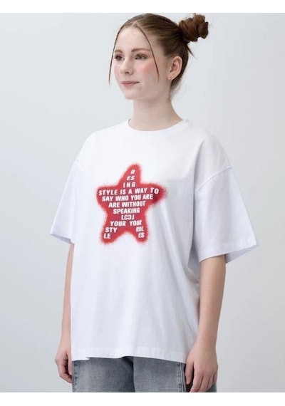 Zekids Kız Çocuk Yıldız Harf Baskılı Oversize T-shirt-15532 Beyaz