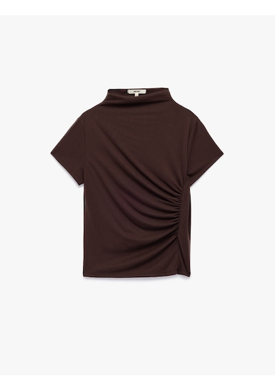 Koton Slim Fit Büzgülü Kısa Kollu Dik Yaka Bluz Kahverengi 6wak70002ek Kahve