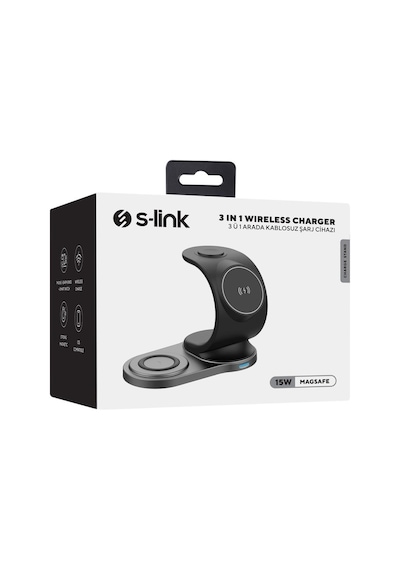 S-link Sw-cwf59 Telefon Kulaklık Akıllı Saat 3 'in 1 Magsafe Siyah Kablosuz Şarj Cihazı