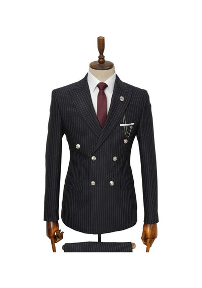 Beystil Sivri Yaka Siyah Çizgili Kruvaze Takım Elbise Togo036 - Slim Fit Siyah