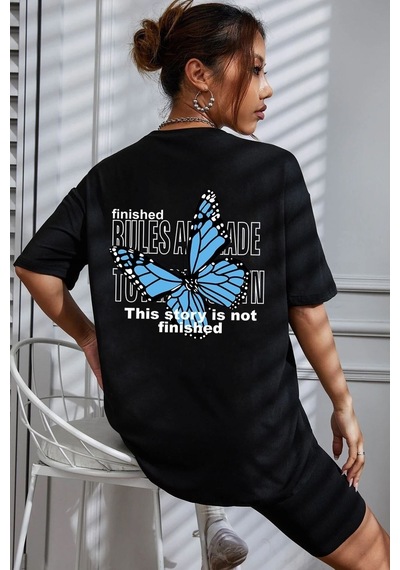 Unisex Kelebek Baskılı Tasarım Tshirt SIYAH