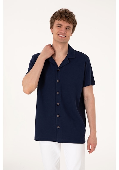 U.S. Polo Assn. Erkek Lacivert Apaş Yaka Kısa Kollu Örme Gömlek 50306977-VR033