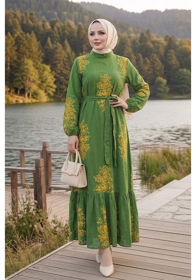Bestenur Noyra Desenli Viskon Elbise 1722 - Haki