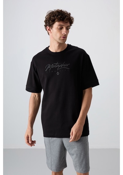 Tommy Life Siyah Pamuklu Kalın Yumuşak Dokulu Oversize Fit Baskılı Erkek T-shirt - 88320 Siyah