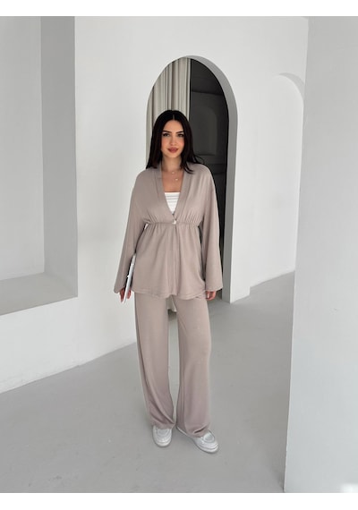 Kadın Simli Uzun Kol Modal Kumaş Kimono Pantolon İkili Takım Şık Ve Rahat Kadın Takım Bej
