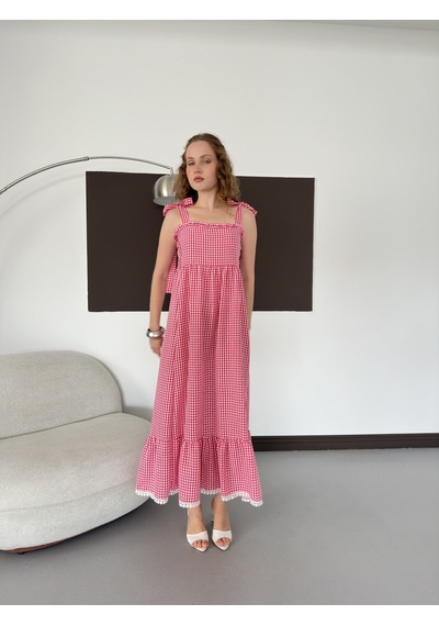 Verymoda Kadın Pötikare Desenli Askı Bağlama Detaylı Maxi Elbise D3108 Pembe