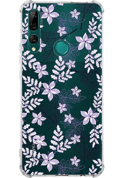 Huawei Y9 Prime 2019 Uyumlu Köşe Korumalı Floral Lila Tasarımlı Şeffaf Silikon Kılıf