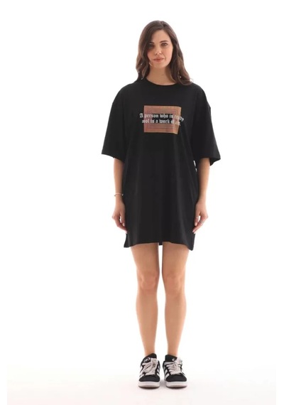 Modi Unisex Bisiklet Yaka Baskılı Oversize T-shirt - Siyah - Mymg112555