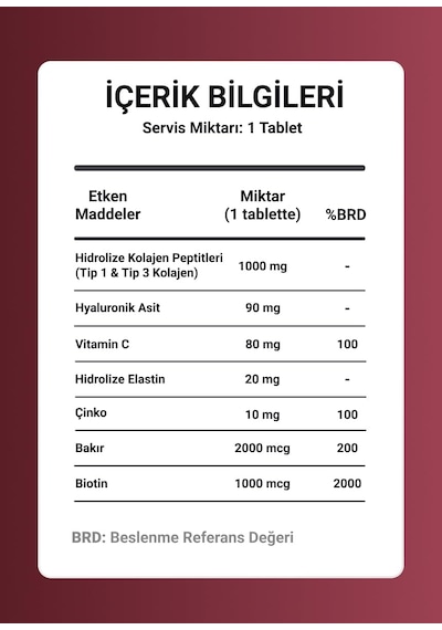 Beauty Hidrolize Kolajen Tip I Ve Tip Iıı, Hidrolize Elastin, Hyaluronik Asit, Biotin, Vitamin C, Çinko, Bakır Takviye Edici Gıda 30 Tablet
