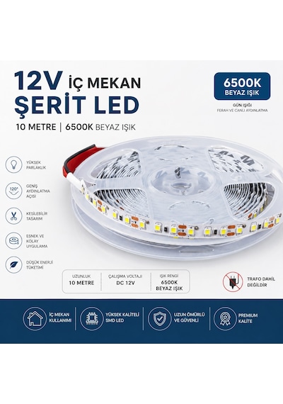 12v İç Mekan Şerit Led 10 Metre 6500k Beyaz Işık Kesilebilir Led Şerit Trafo Hariç 10 Metre Beyaz