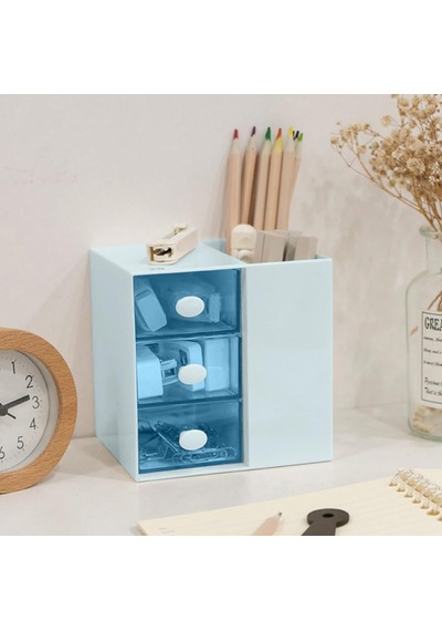 Masaüstü Kalemlik Organizer 7 Bölmeli Kawaii Kapaklı Mini Çekmeceli Kalemlik - Mavi