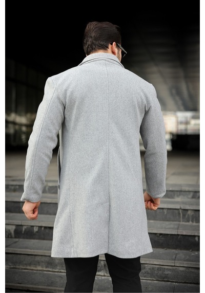 Slim Fit Astarlı Uzun Kaşe Kaban Orta Gri