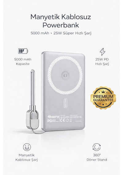 Y353s Powerbank 5.000 Mah Magnetıc Wıreless Gri