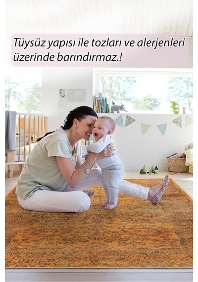 Foldy Eskitme Desenli Dokuma Taban Dekoratif Sarı Halı Fl 33