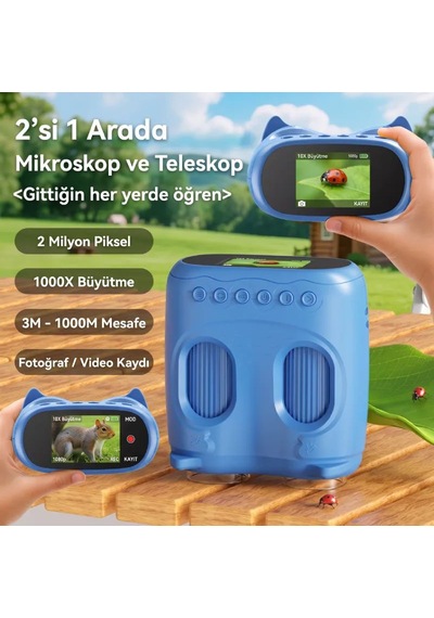387 Mavi 2'si 1 Arada Dijital Çocuk Mikroskobu & Dürbün - 1000x Büyütme, 1000 Metre Menzil, 2 Mp Full Hd Ekranlı Eğitici Bilim Kiti