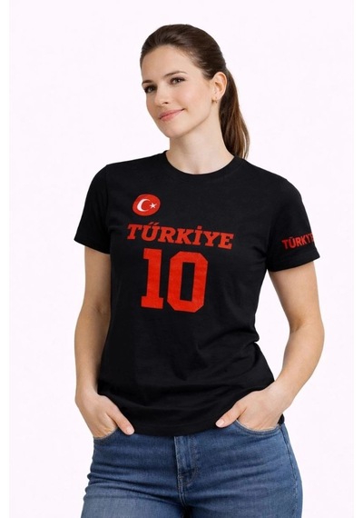 Freedom Store Kadın Türkiye Ay Yıldız Baskılı 10 Numara Forma Tişört Taraftar T-shirt - Siyah