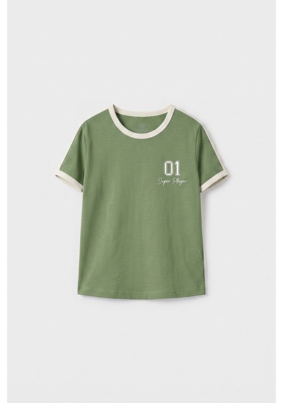 Kaktüs Omuz Biye Detaylı Baskılı Kız Çocuk T-shirt - 75181 Yeşil