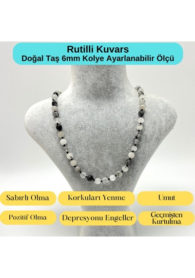 Yıldız Doğal Taş Rutilli Kuvars Doğal Taş 6 MM Makrome Kolye 45 CM - 55 CM Ayarlanabilir Beyaz