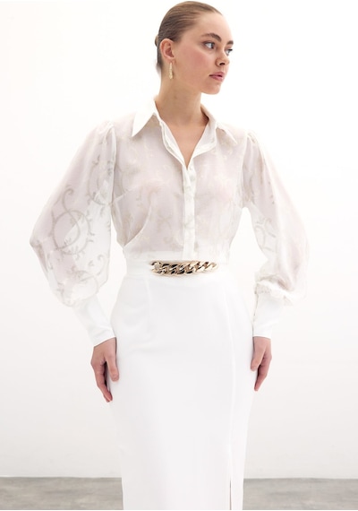 Sateen Geniş Manşetli Şifon Gömlek - Ekru-135897 Ekru
