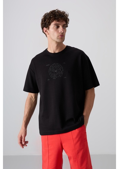 Tommy Life Siyah Pamuklu Kalın Yumuşak Dokulu Oversize Fit Baskılı Erkek T-shirt - 88324 Siyah