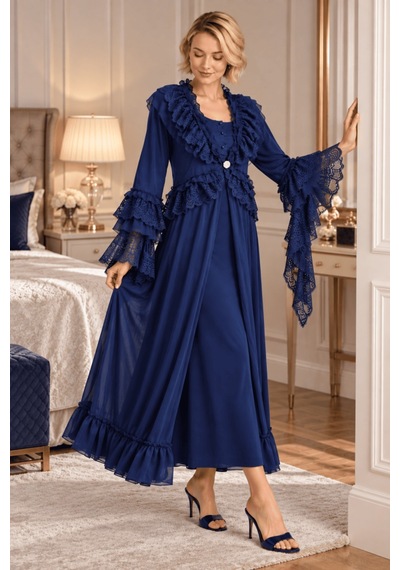 Mecit Pijama Mecit 6411 Lacivert Dantel Detaylı Kadın Sabahlık Gecelik Takım