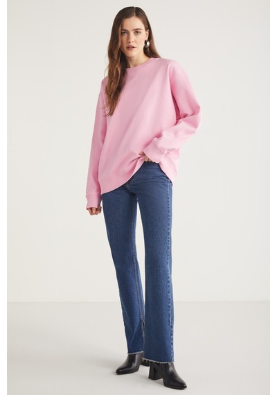 Ethıquet Karıus Kadın Regular Fit %100 Organik Pamuklu İçi Polarsız Yuvarlak Yaka Pembe Sweatshirt Mavi