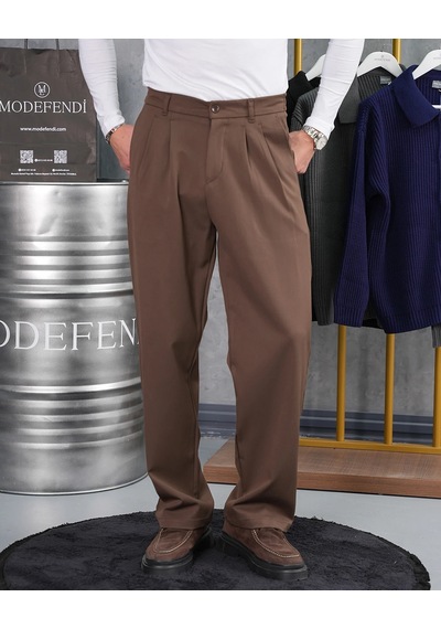 Modefendi Baggy Kesim Pile Detaylı Kumaş Pantolon Kahverengi